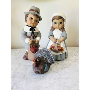 Vintage Thanksgiving Ceramic Boy & Girl Pilgrim Figurines 10" & Turkey